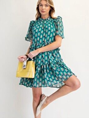 NWT Easel | Geometric Ruffle Tiered Woven Sheer Dress Green Women 1X / 2X / 3X